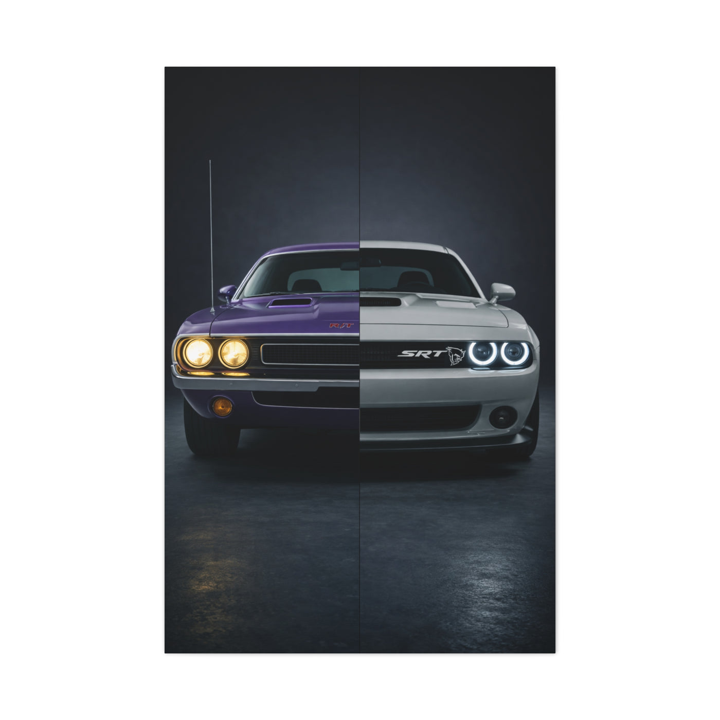 Dodge Challenger Heritage Split 1970 vs Modern SRT Wall Art & Canvas Prints