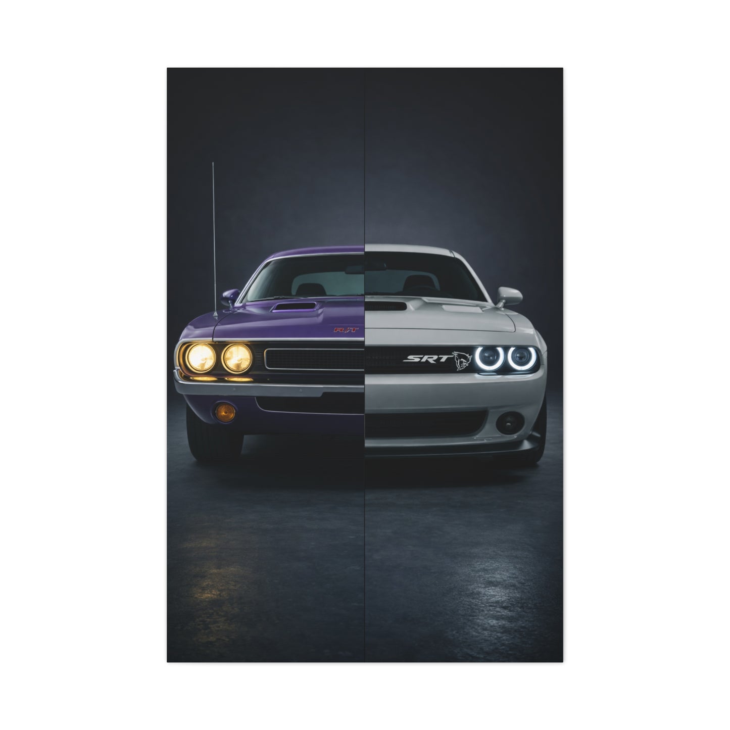 Dodge Challenger Heritage Split 1970 vs Modern SRT Wall Art & Canvas Prints