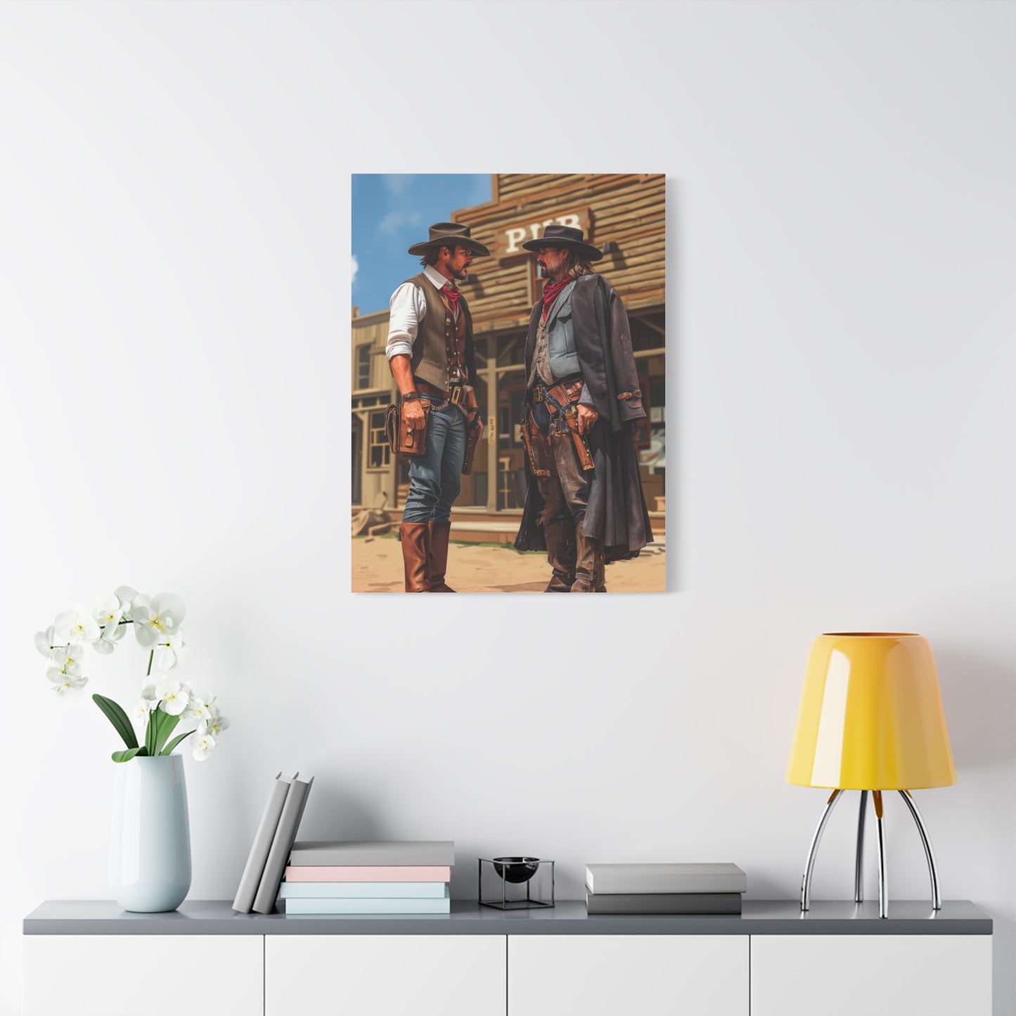 Rival Cowboys Facing Off Outside the Saloon Wall Art & Canvas Print