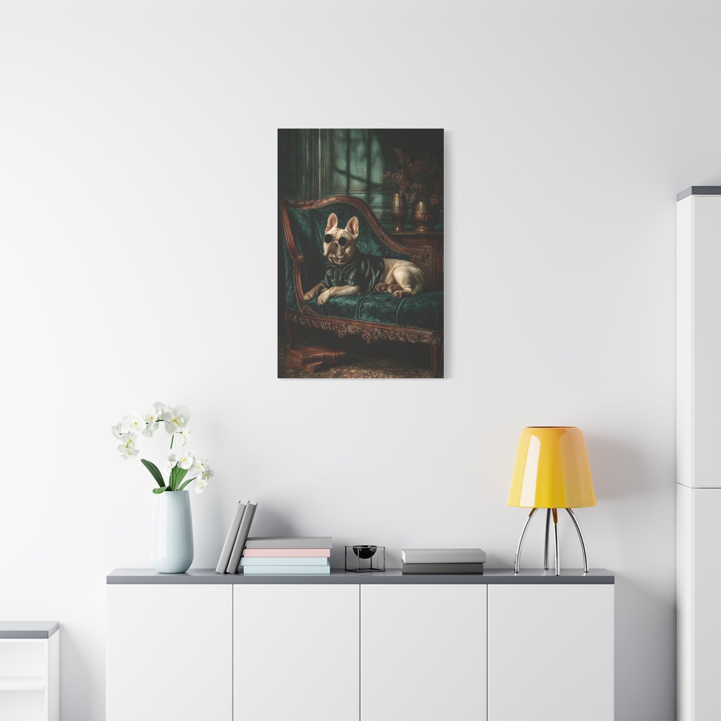 French Bulldog on Emerald Velvet Chaise Wall Art & Canvas Print