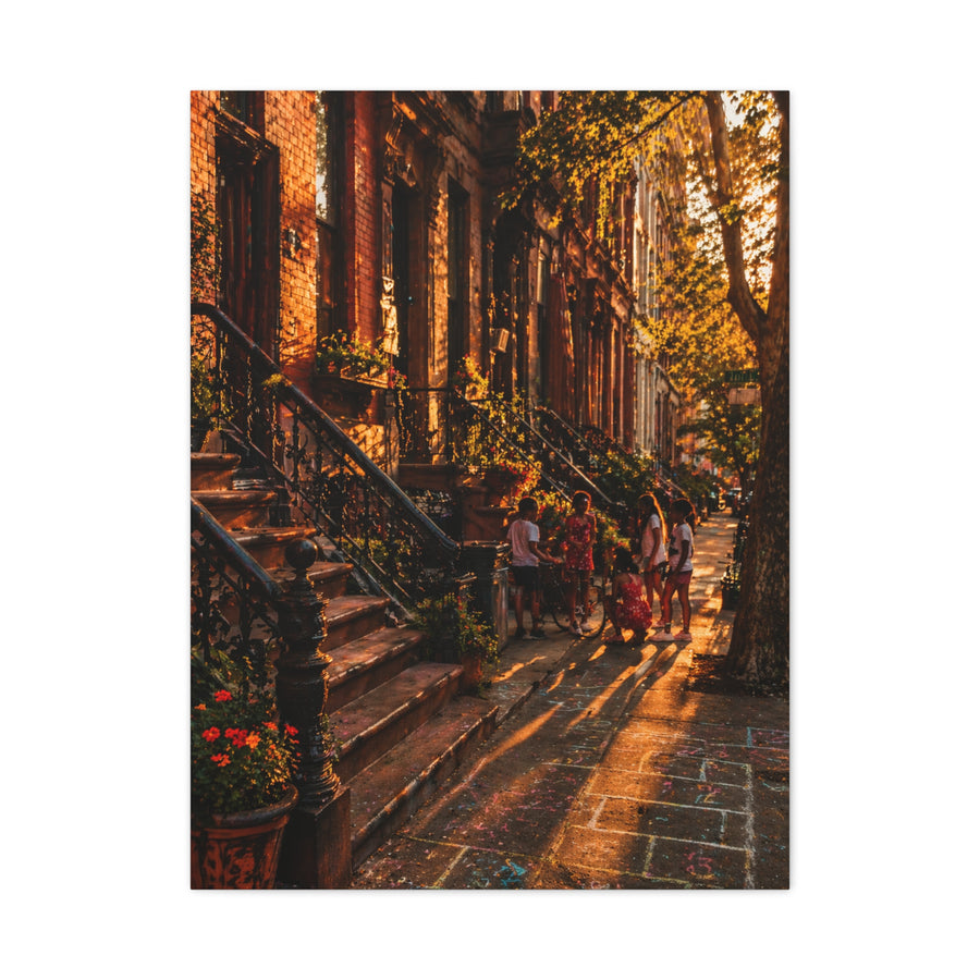 Harlem Brownstone Golden Hour Scene Wall Art & Canvas Print