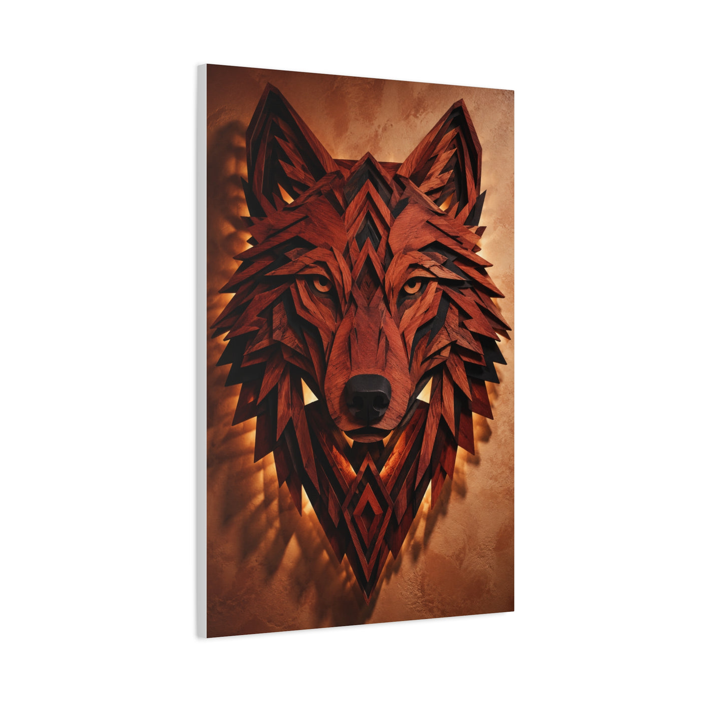 Geometric Carved Wood Wolf Head Sculpture Wall Art & Canvas Print