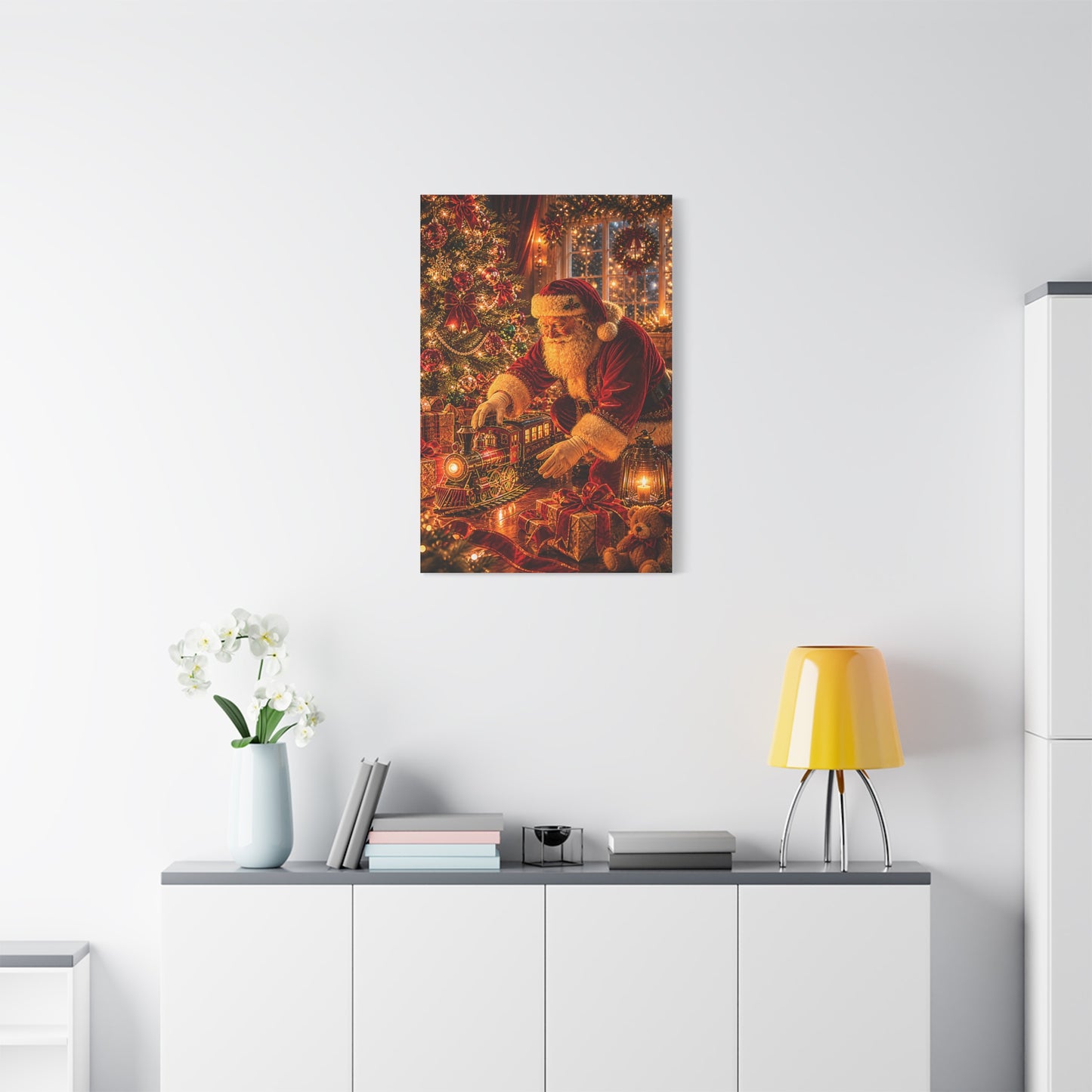 Santa Decorating the Christmas Train Wall Art & Canvas Print
