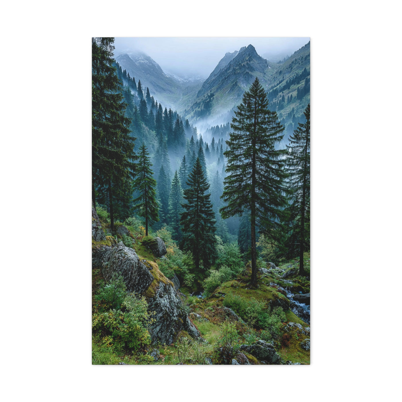 Misty Pine Green Mountain Landscape Wall Art & Canvas Print