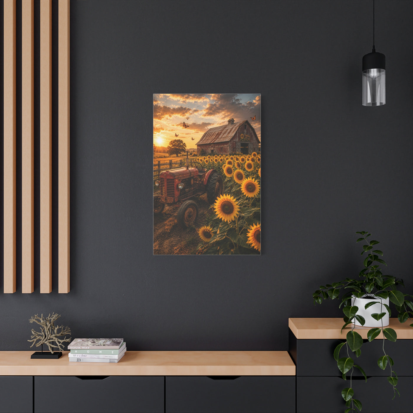 Rustic Farmhouse Sunflower Field Tractor Wall Art & Canvas Print