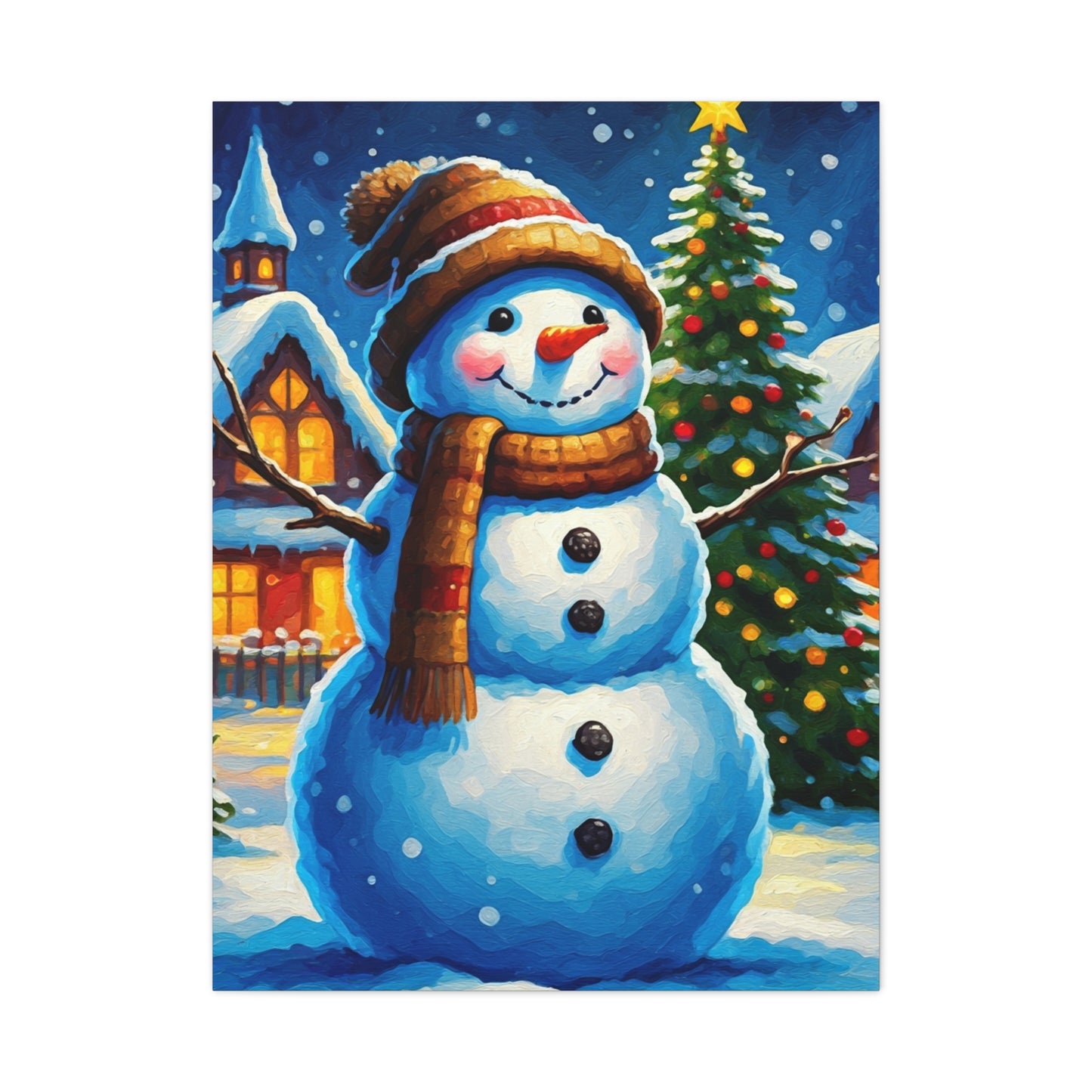 Artistic Snowman in Winter Village Scene Wall Art & Canvas Print