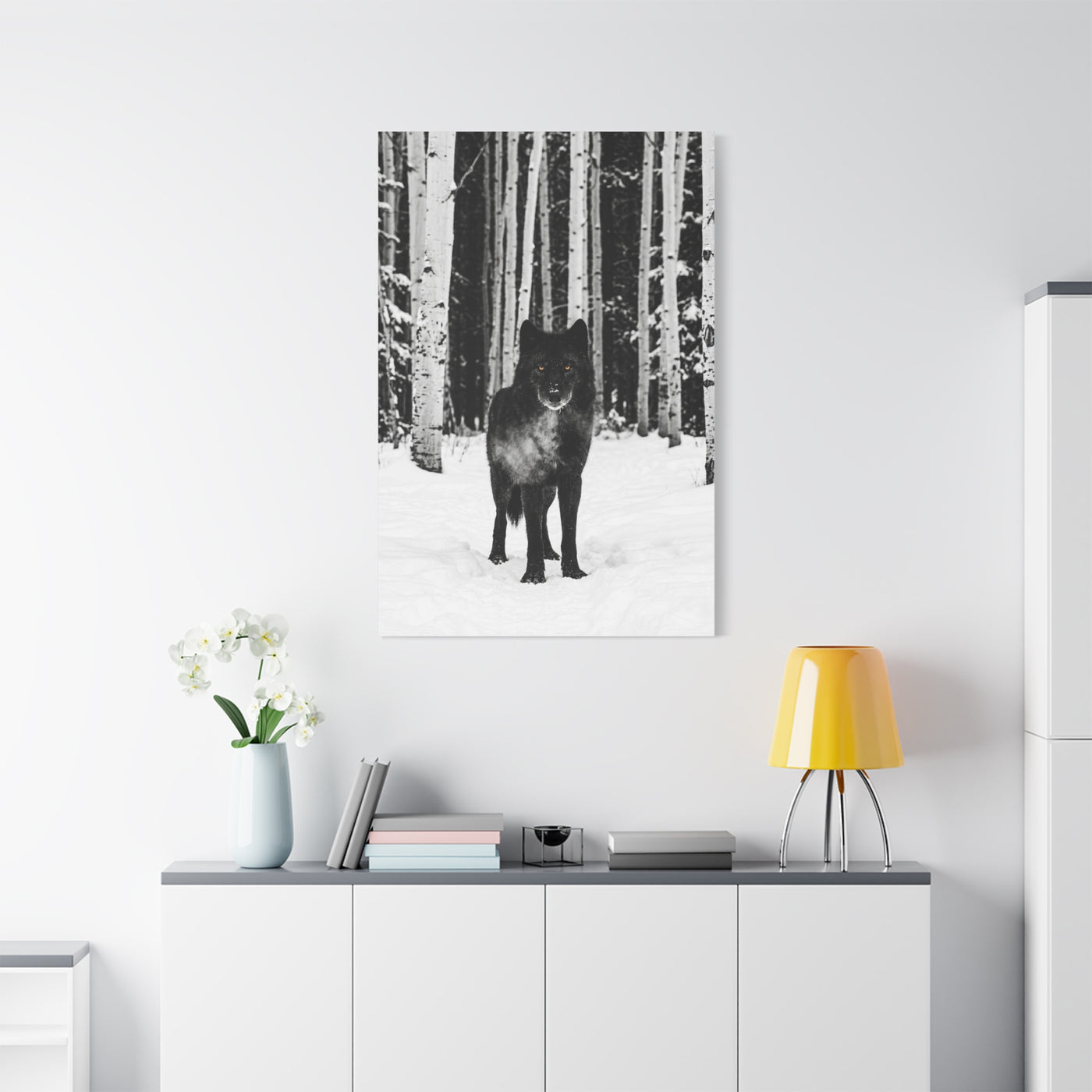 Snow Forest Black Wolf Minimal Scene Wall Art & Canvas Print