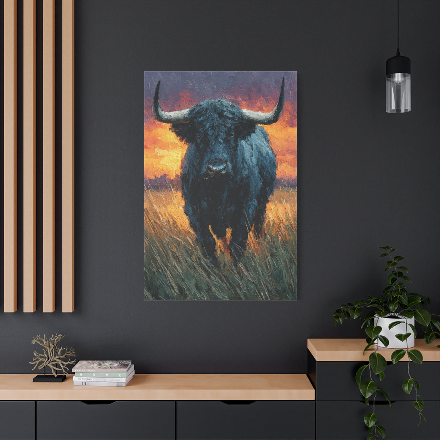 Majestic Bull at Sunset Oil Painting Wall Art & Canvas Print
