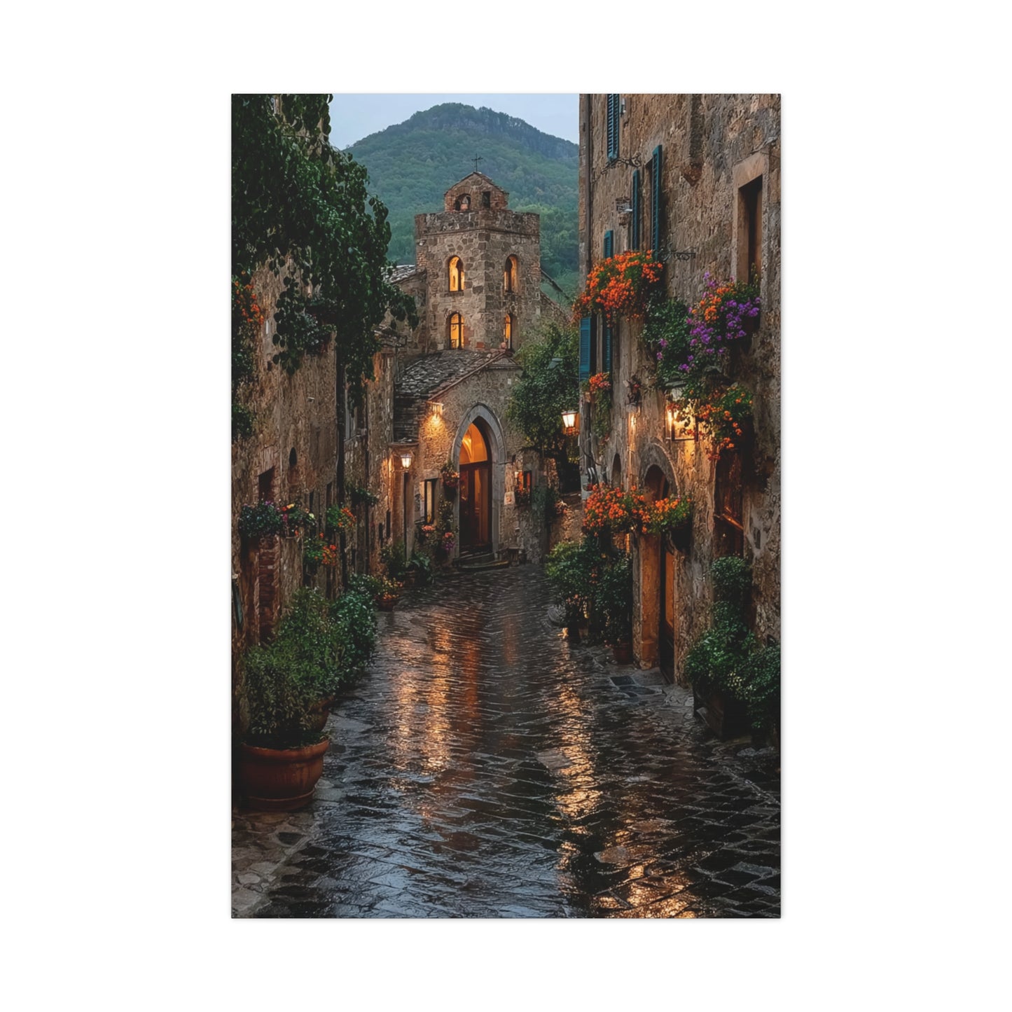 Tuscan Village Rain Street Wall Art & Canvas Print