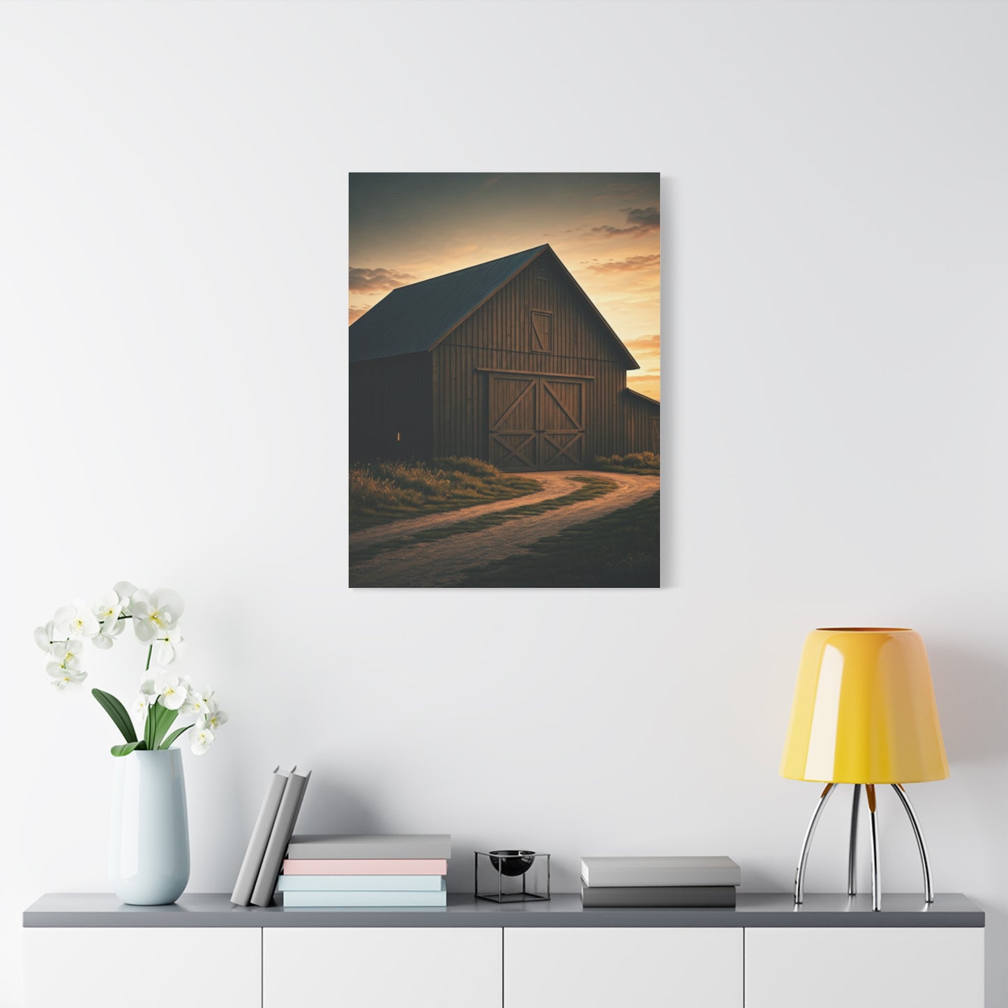 Country Road Barn at Dusk Wall Art & Canvas Prints