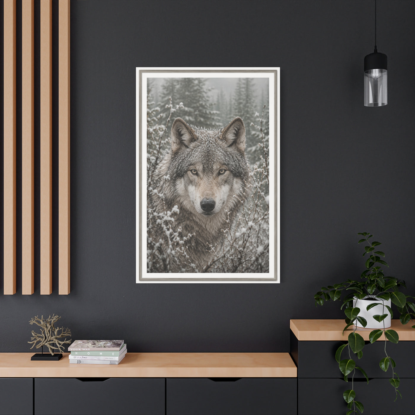 Snow Forest Gray Wolf Framed Portrait Wall Art & Canvas Print