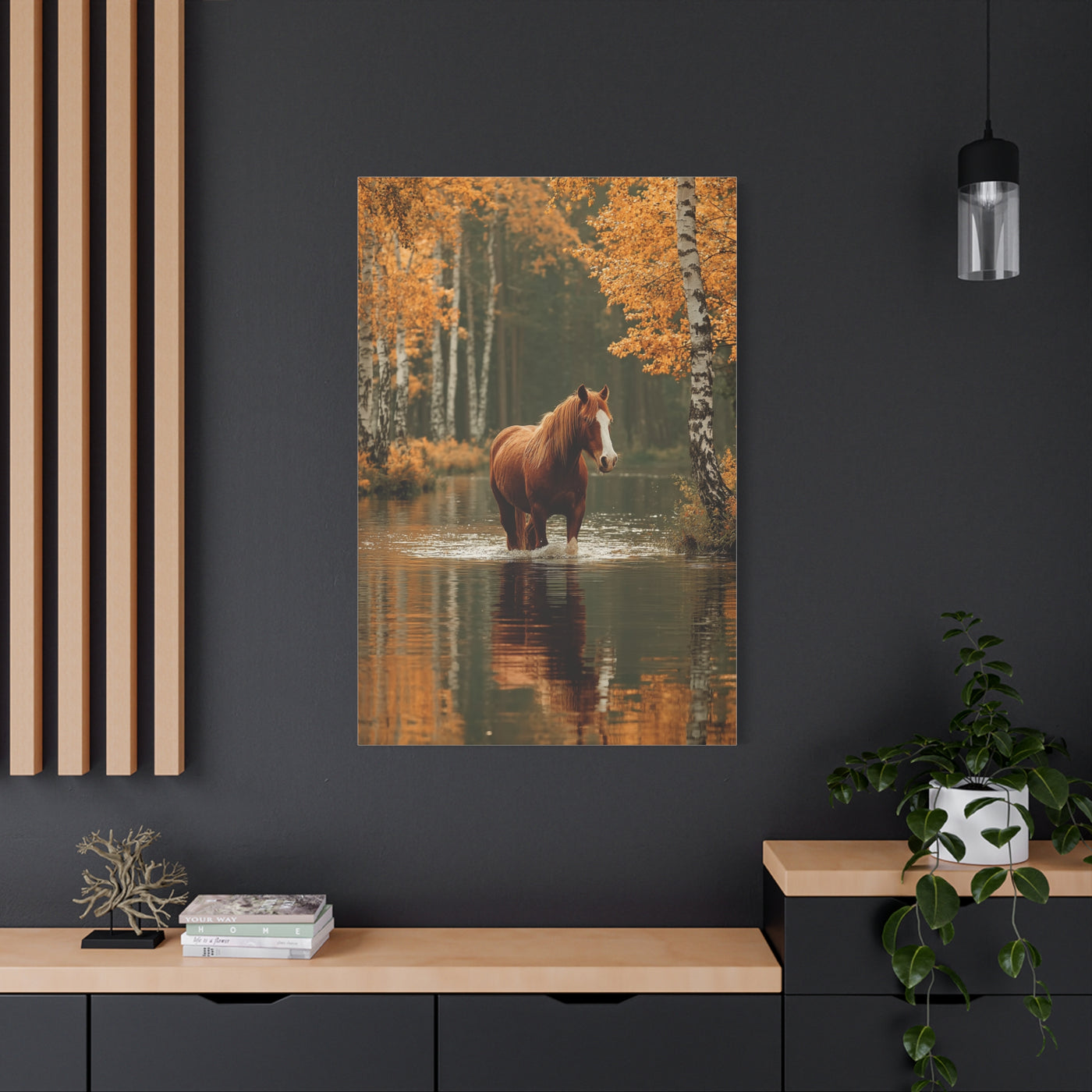 Autumn River Horse Reflection Wall Art & Canvas Print