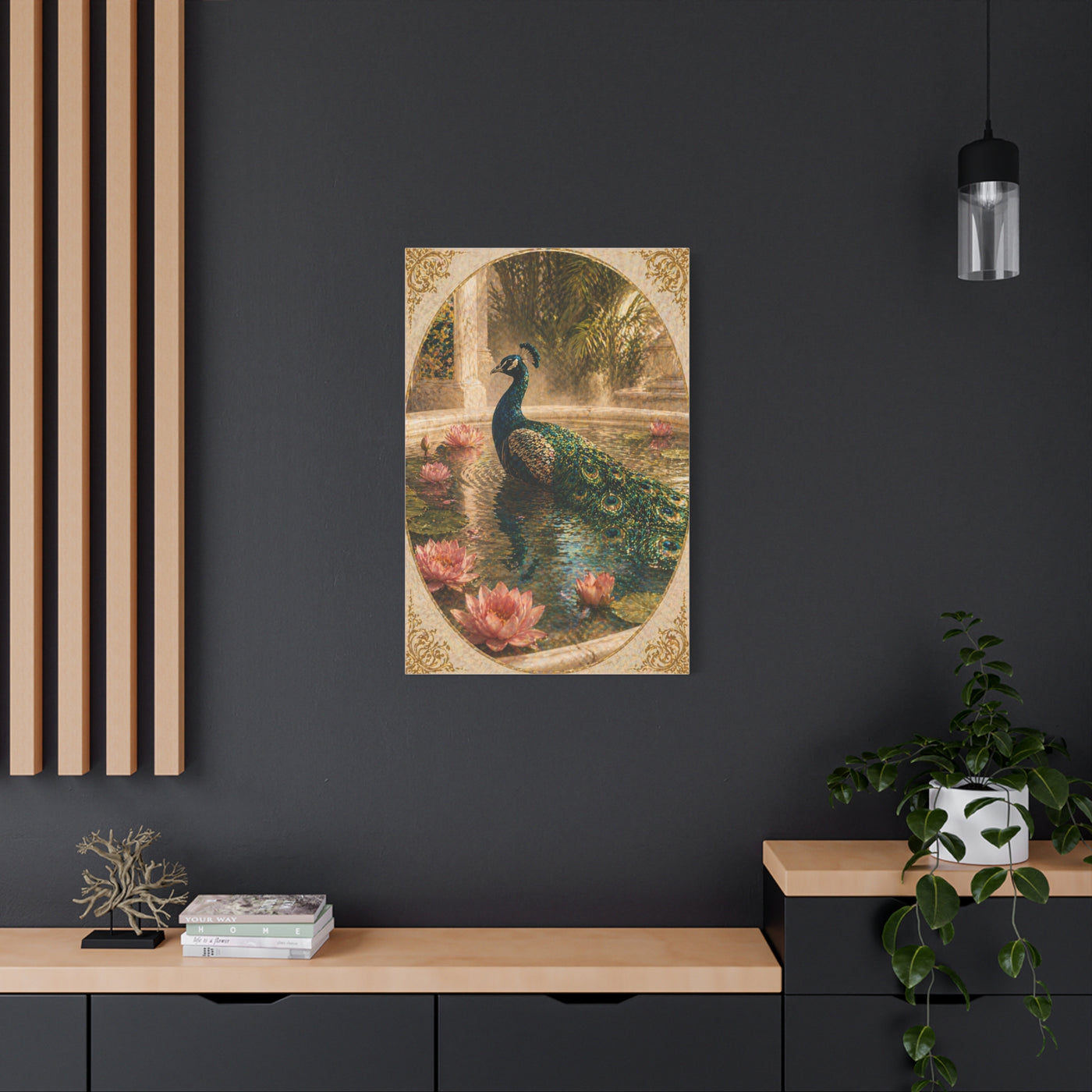 Lotus Pool Peacock Reflection Wall Art & Canvas Print