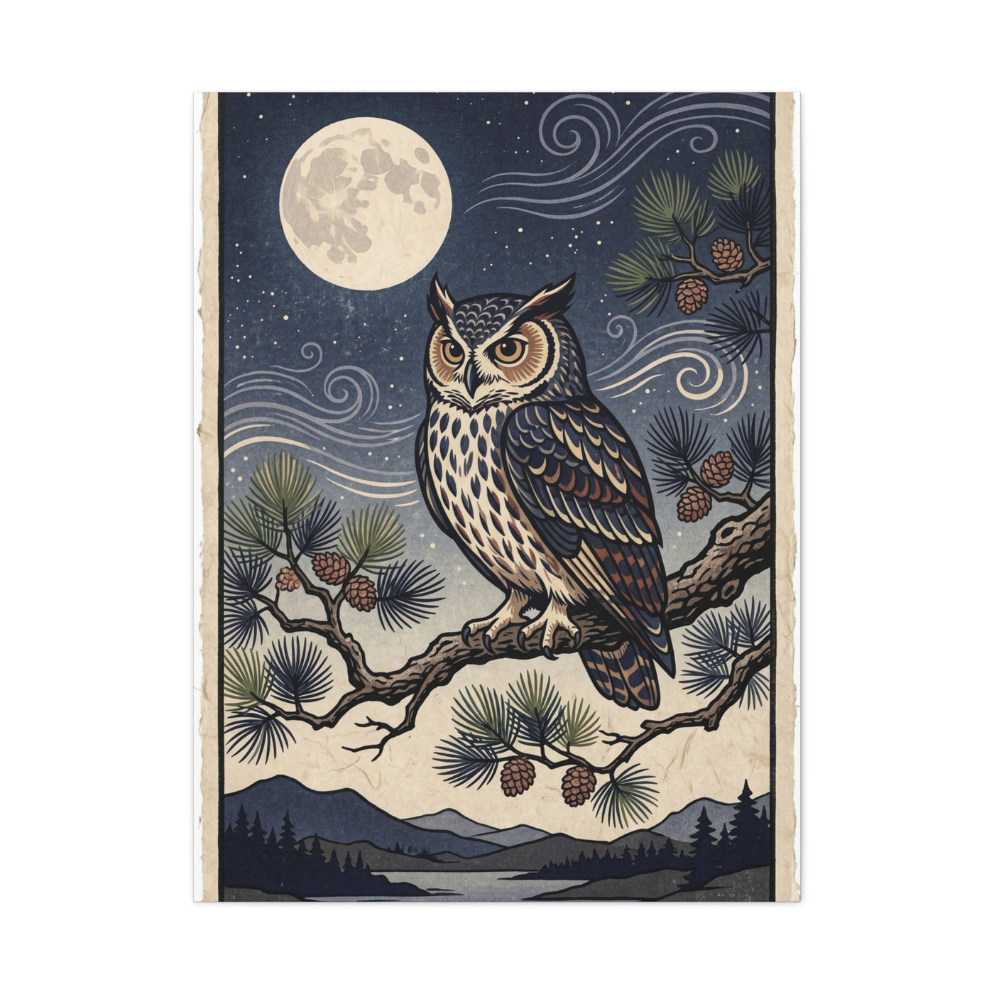 Vintage Moonlit Owl Woodblock Wall Art & Canvas Print
