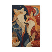 Folk Twin Foxes Celestial Linocut Wall Art & Canvas Print