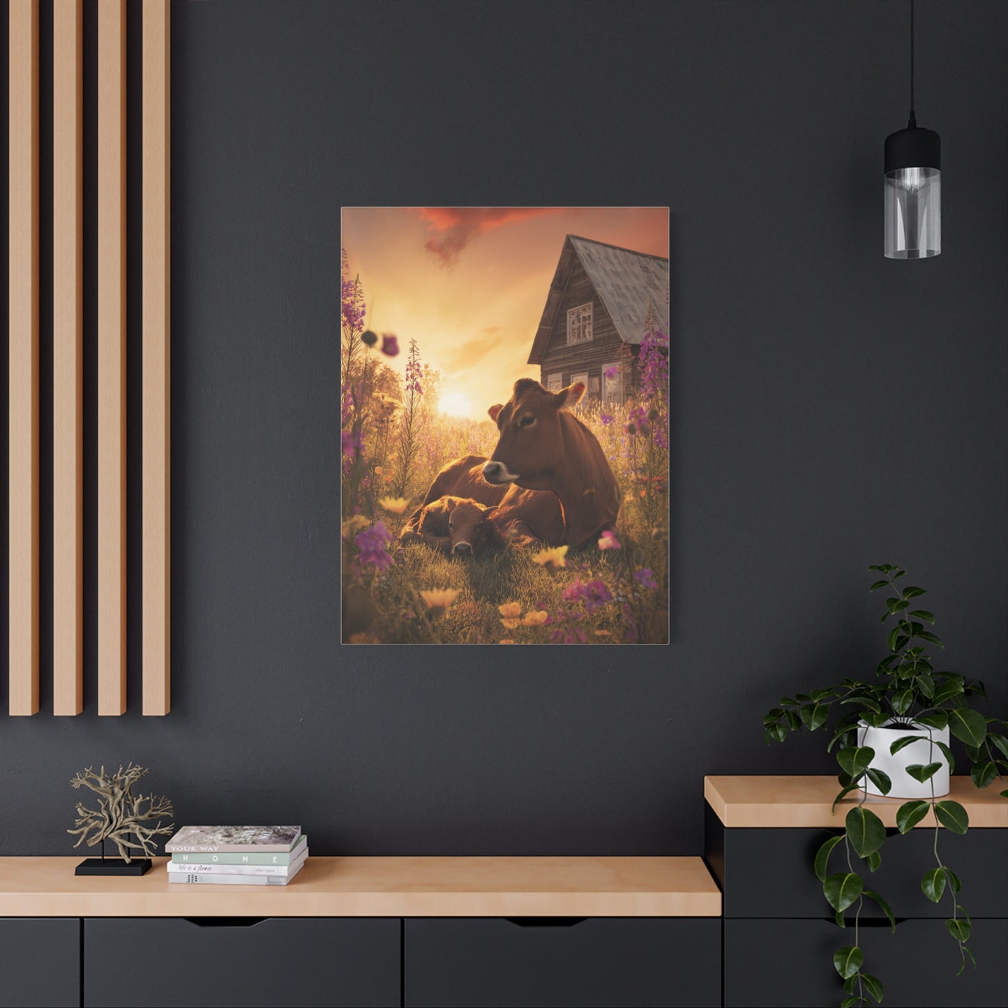 Sunset Farm Meadow Cow and Calf Wall Art & Canvas Print