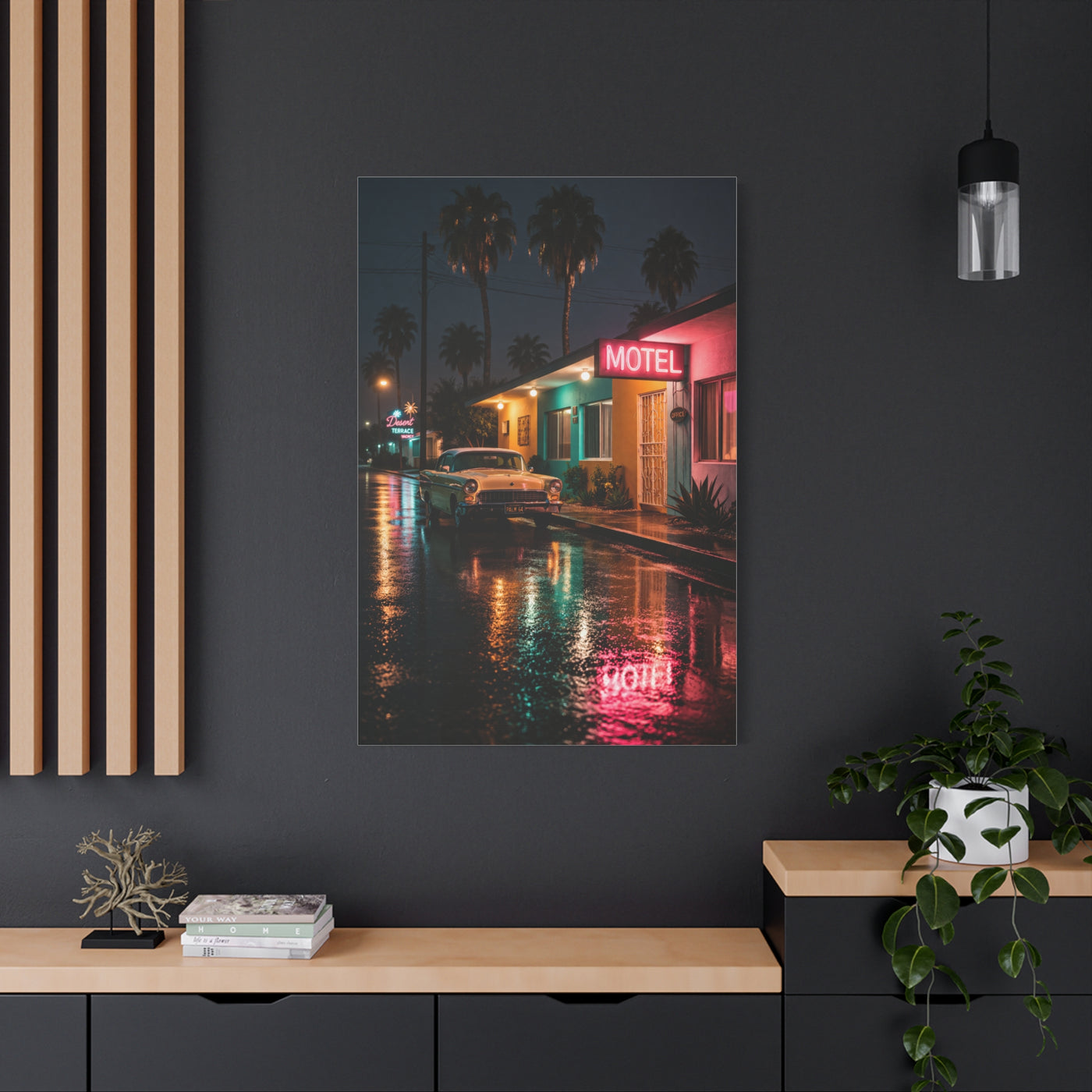 Neon Motel Night Reflection Wall Art & Canvas Print