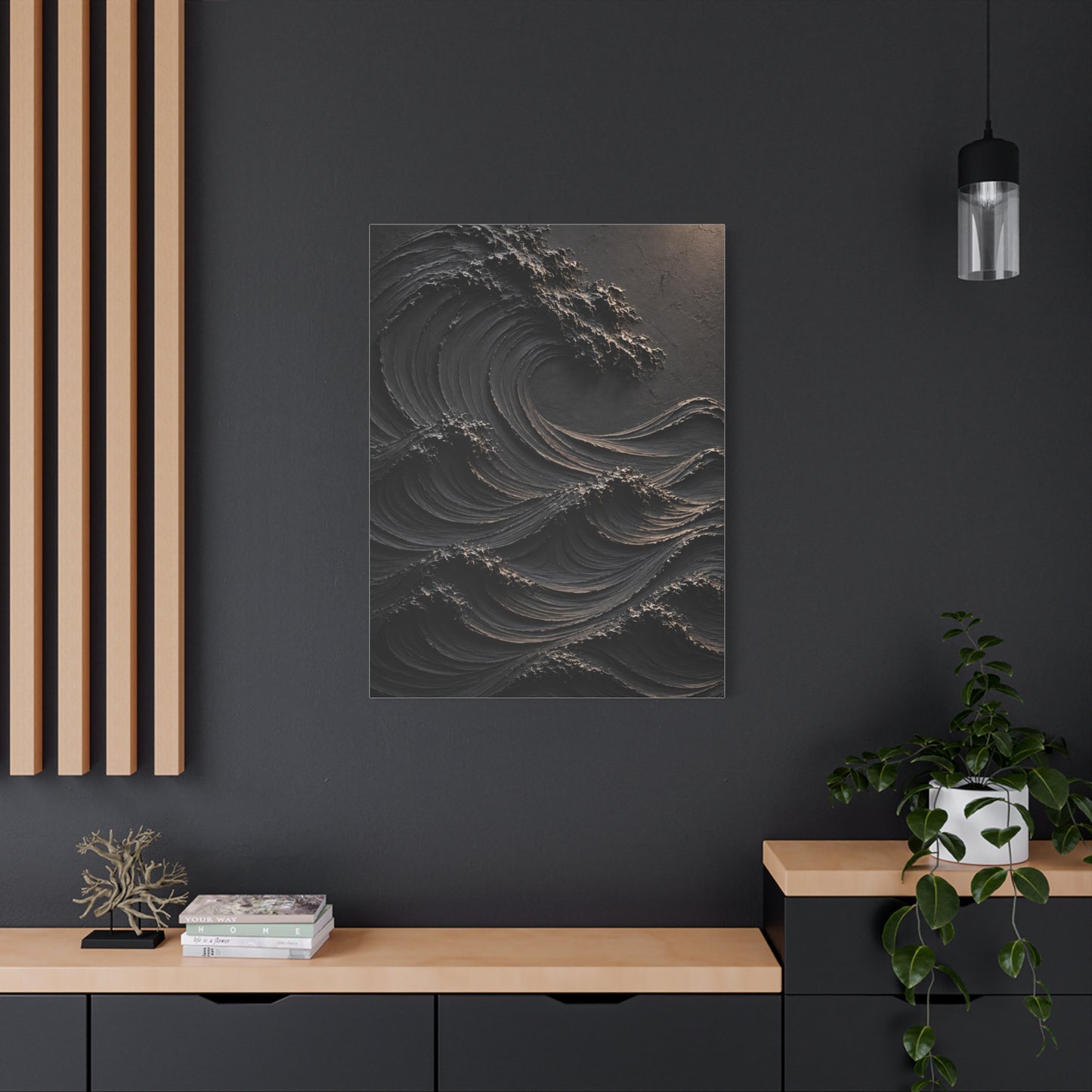 Matte Black Sculptural Ocean Motion Wall Art & Canvas Print