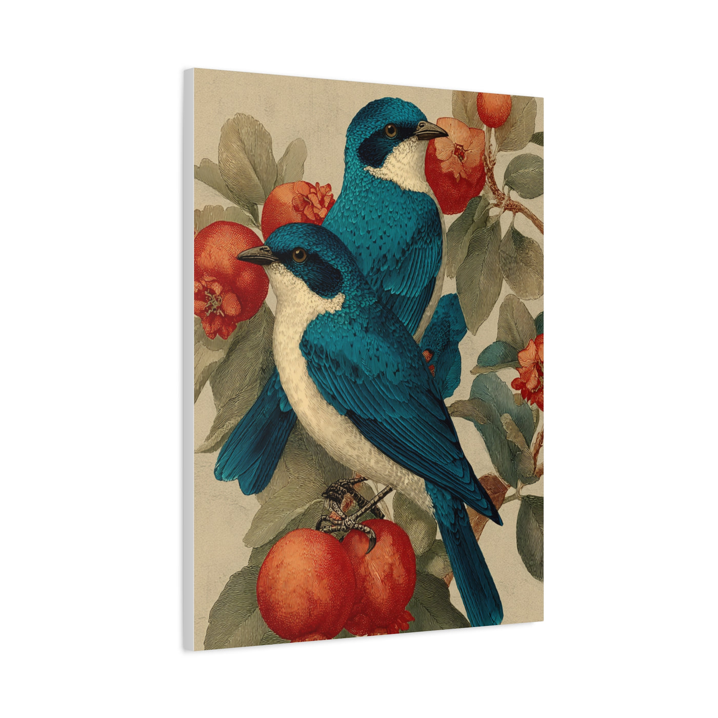 Blue Folk Birds Pomegranate Wall Art & Canvas Print