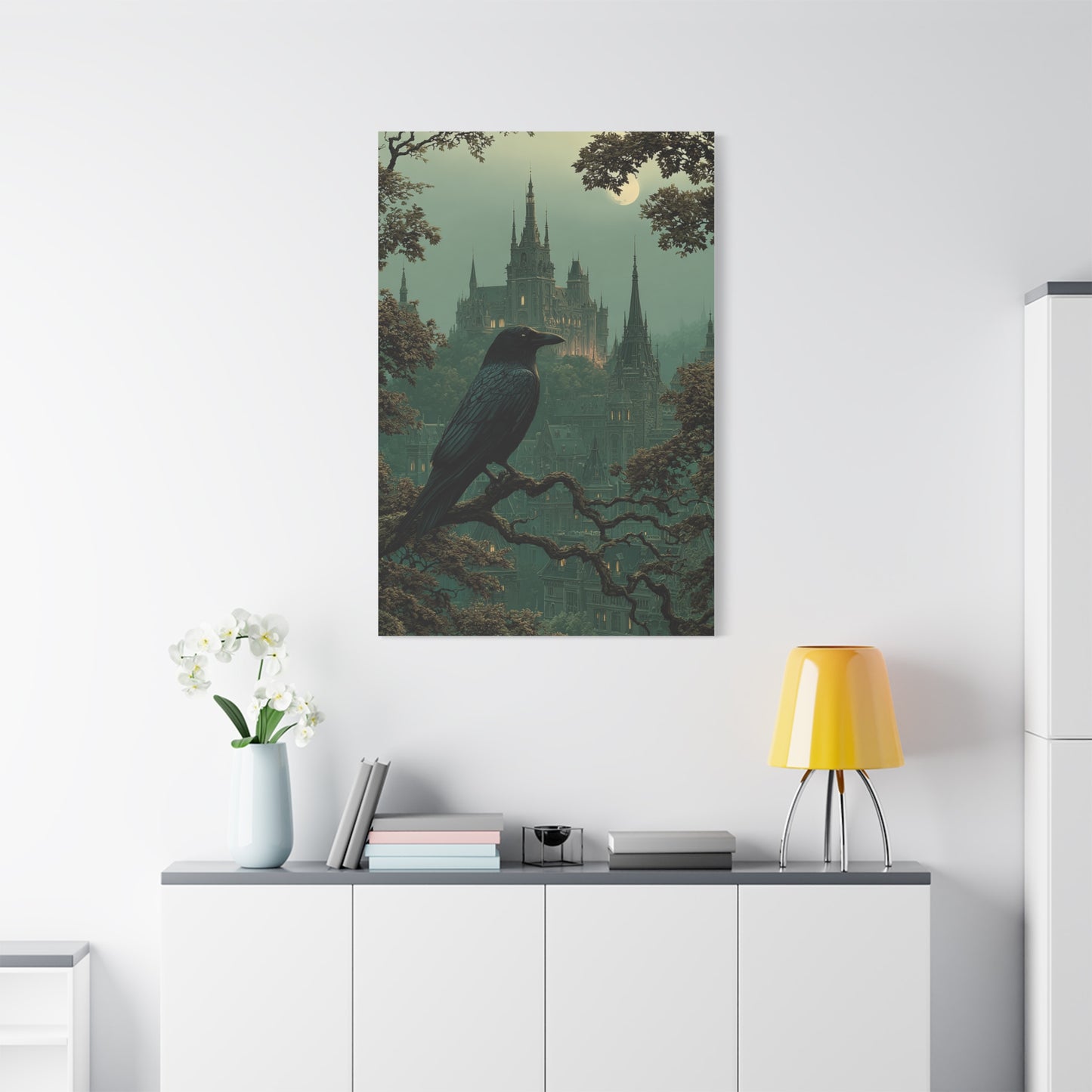 Raven Before Gothic Castle Wall Art & Canvas Print