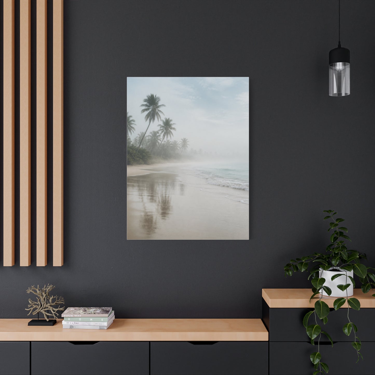 Misty Coastal Palm Shoreline Minimal Tropical Wall Art & Canvas Print