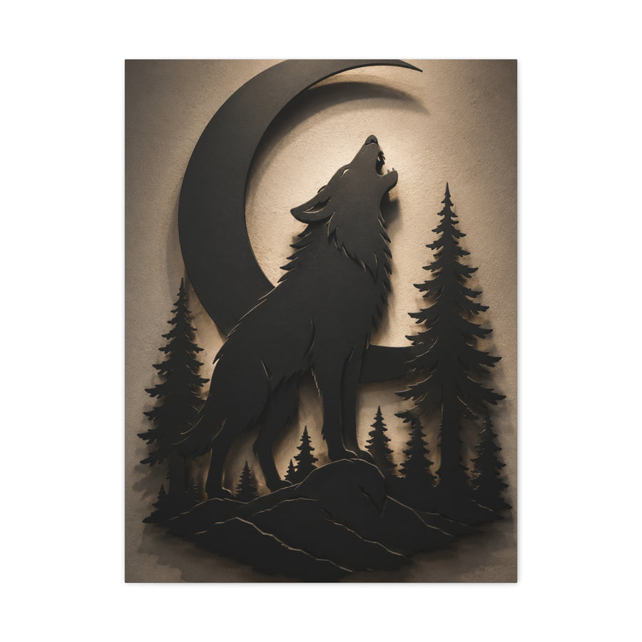 Matte Black Howling Wolf Moon Silhouette Wall Art & Canvas Print