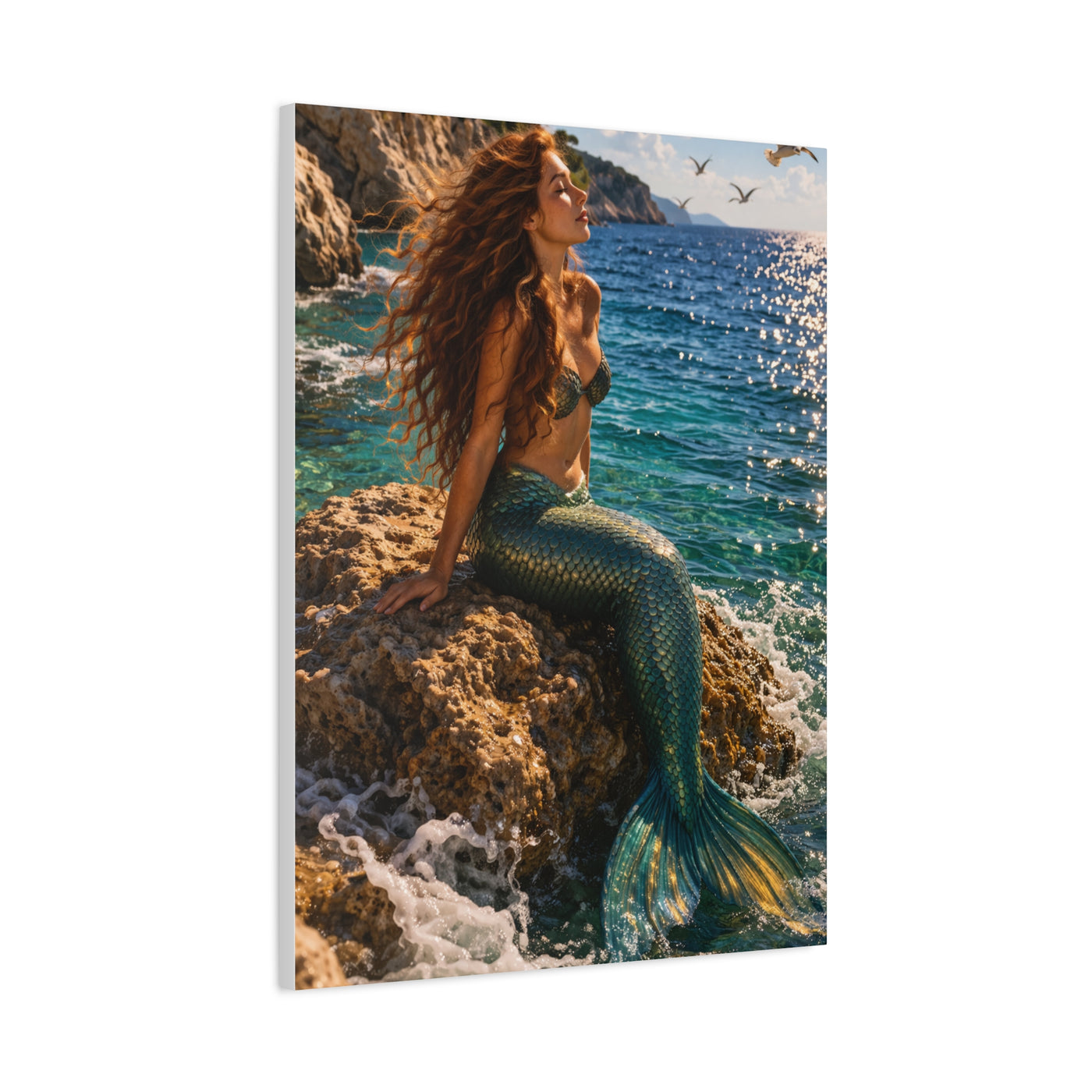 Sunlit Coastal Mermaid Escape Wall Art & Canvas Print