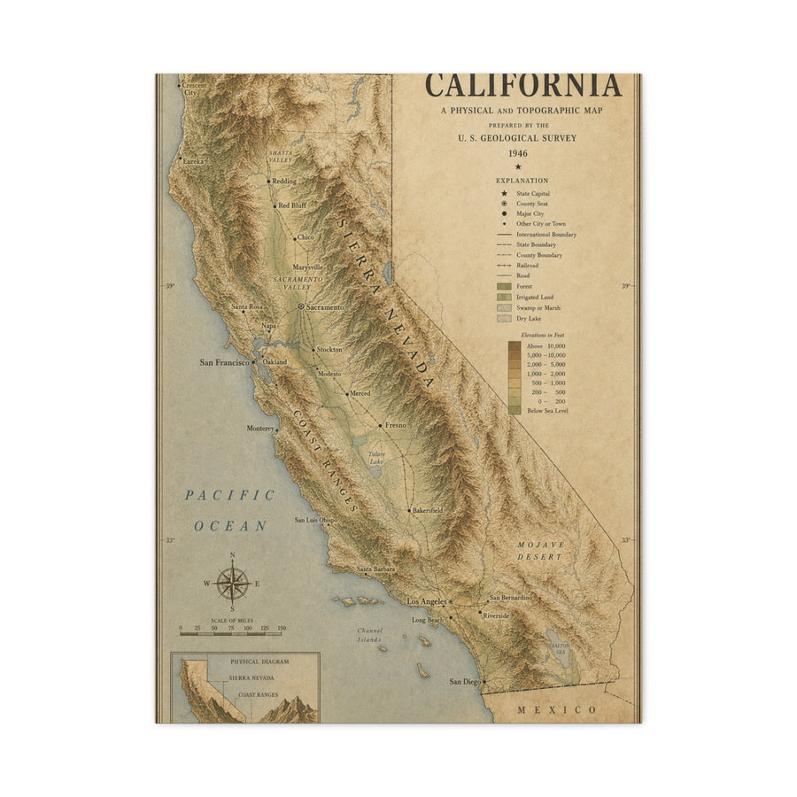 Vintage California Topographic Map Wall Art & Canvas Print