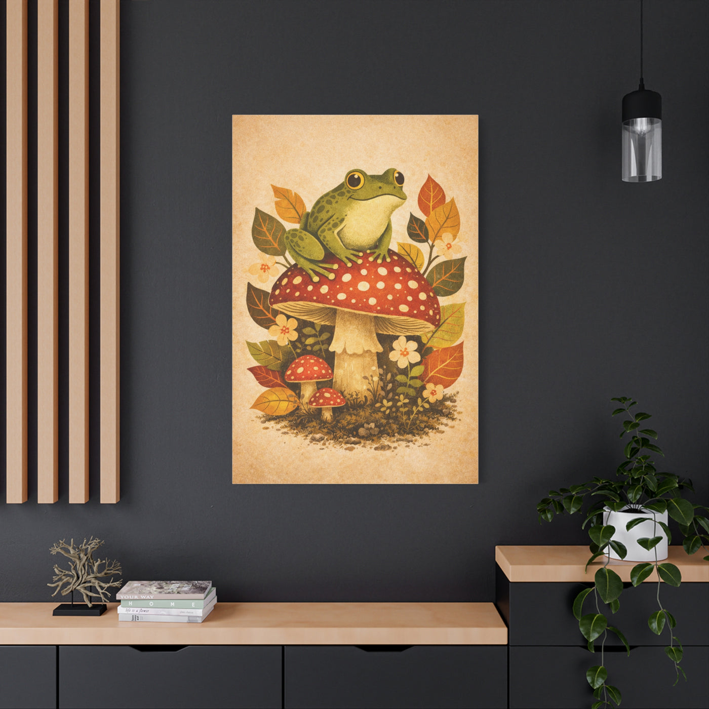 Whimsical Retro Frog and Mushroom Composition Wall Art & Canvas Print