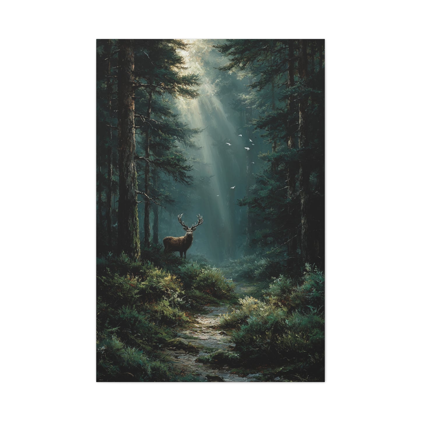 Sunlit Evergreen Forest Stag Wall Art & Canvas Print