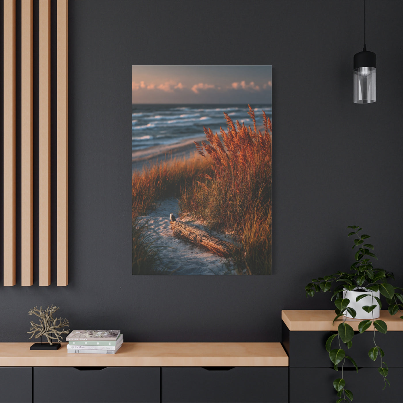 Golden Dune Driftwood Coastal Scene Wall Art & Canvas Print