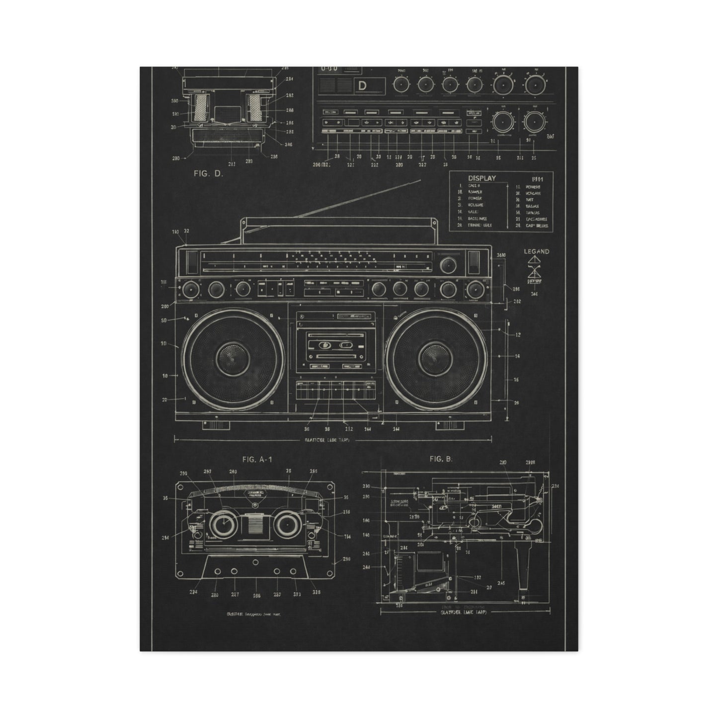 Vintage Boombox Blueprint Illustration Wall Art & Canvas Print