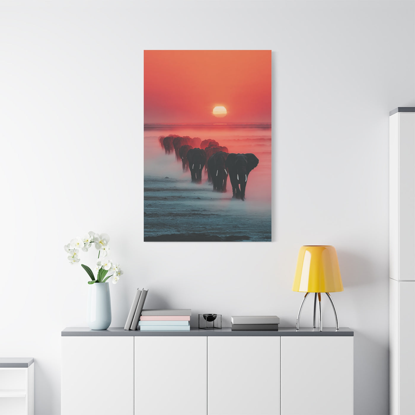 Elephant Herd Sunset Journey Wall Art & Canvas Print