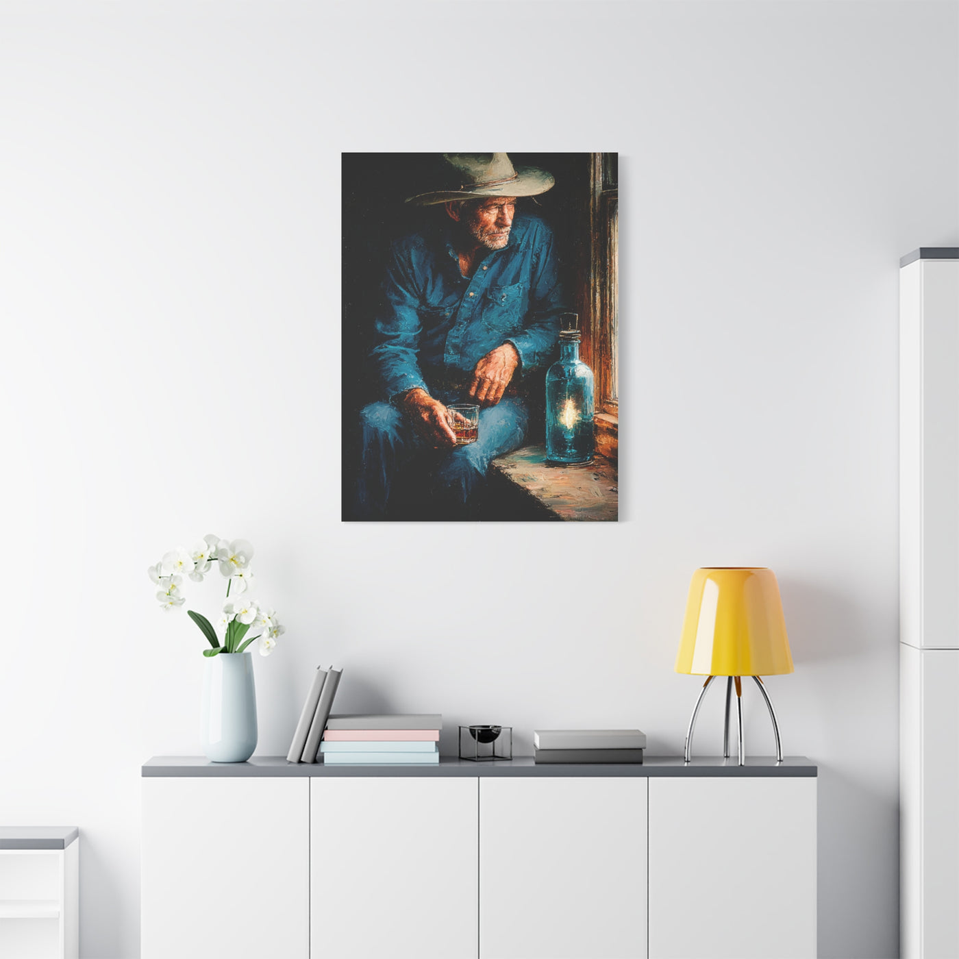 Whiskey Window Cowboy Painting Wall Art & Canvas Print