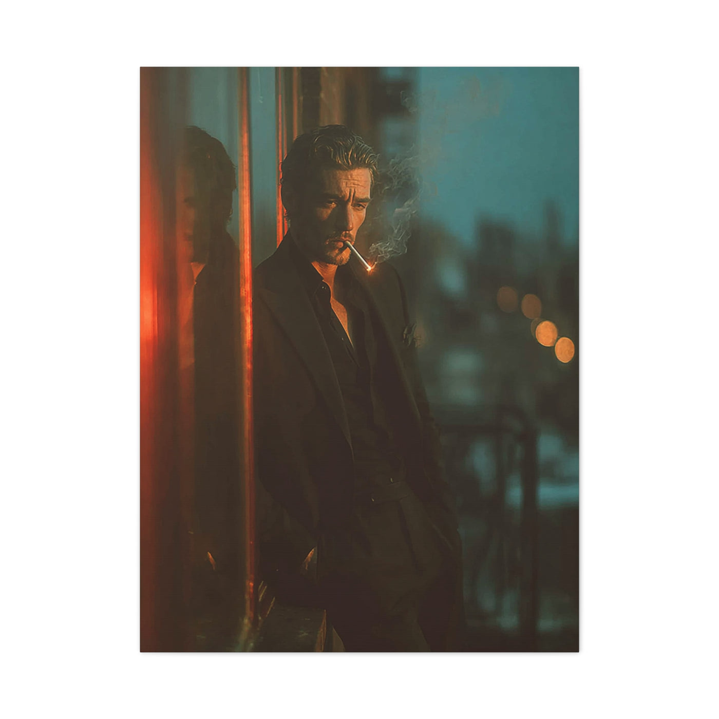 Man Smoking Fire Escape Noir Portrait Wall Art & Canvas Print
