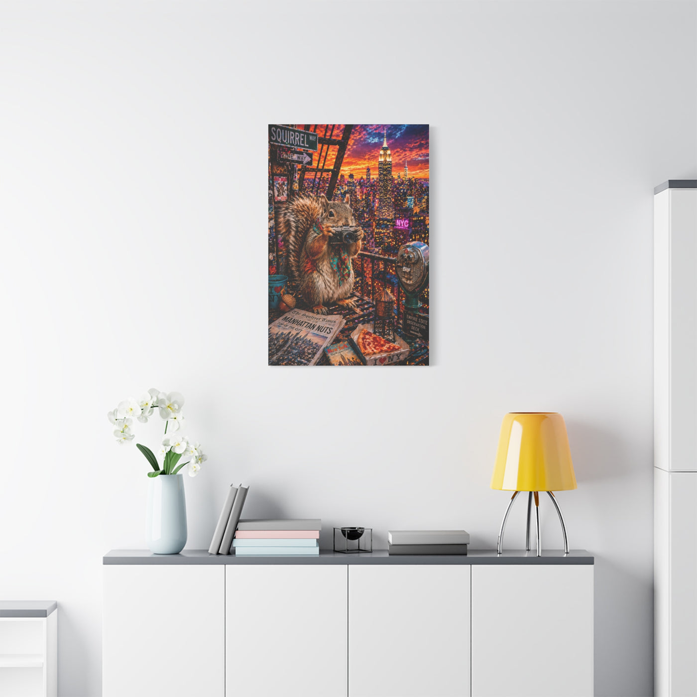 Surreal NYC Squirrel Rooftop Scene Wall Art & Canvas Print