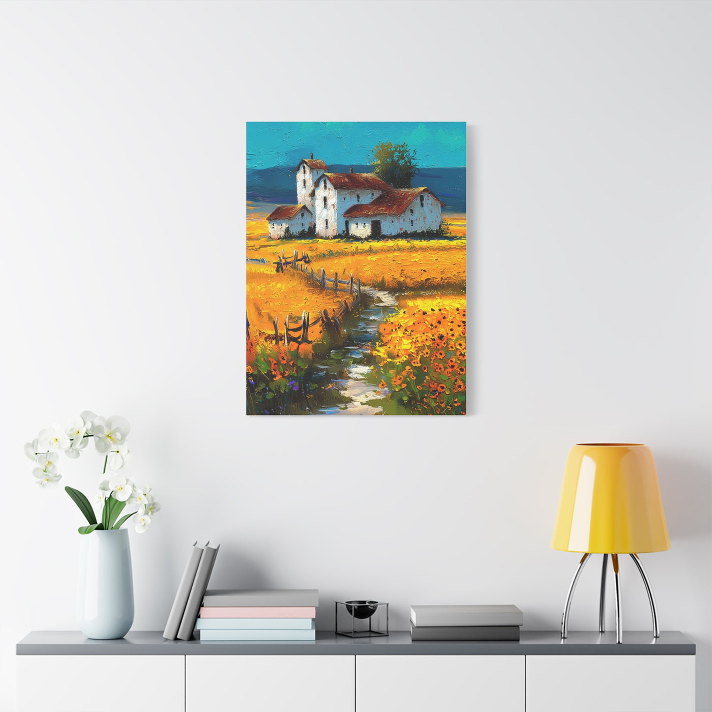 Sunflower Farmhouse Field Landscape Wall Art & Canvas Print