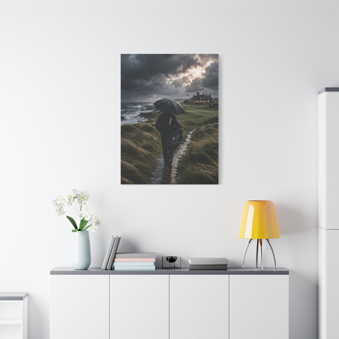 Stormy Seaside Golfer Journey Wall Art & Canvas Print