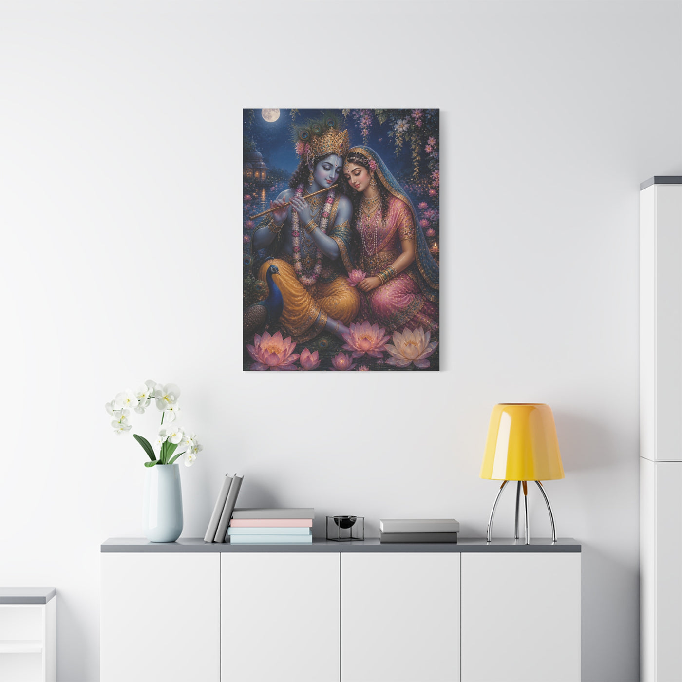 Radha and Krishna Moonlit Lotus Garden Wall Art & Canvas Print
