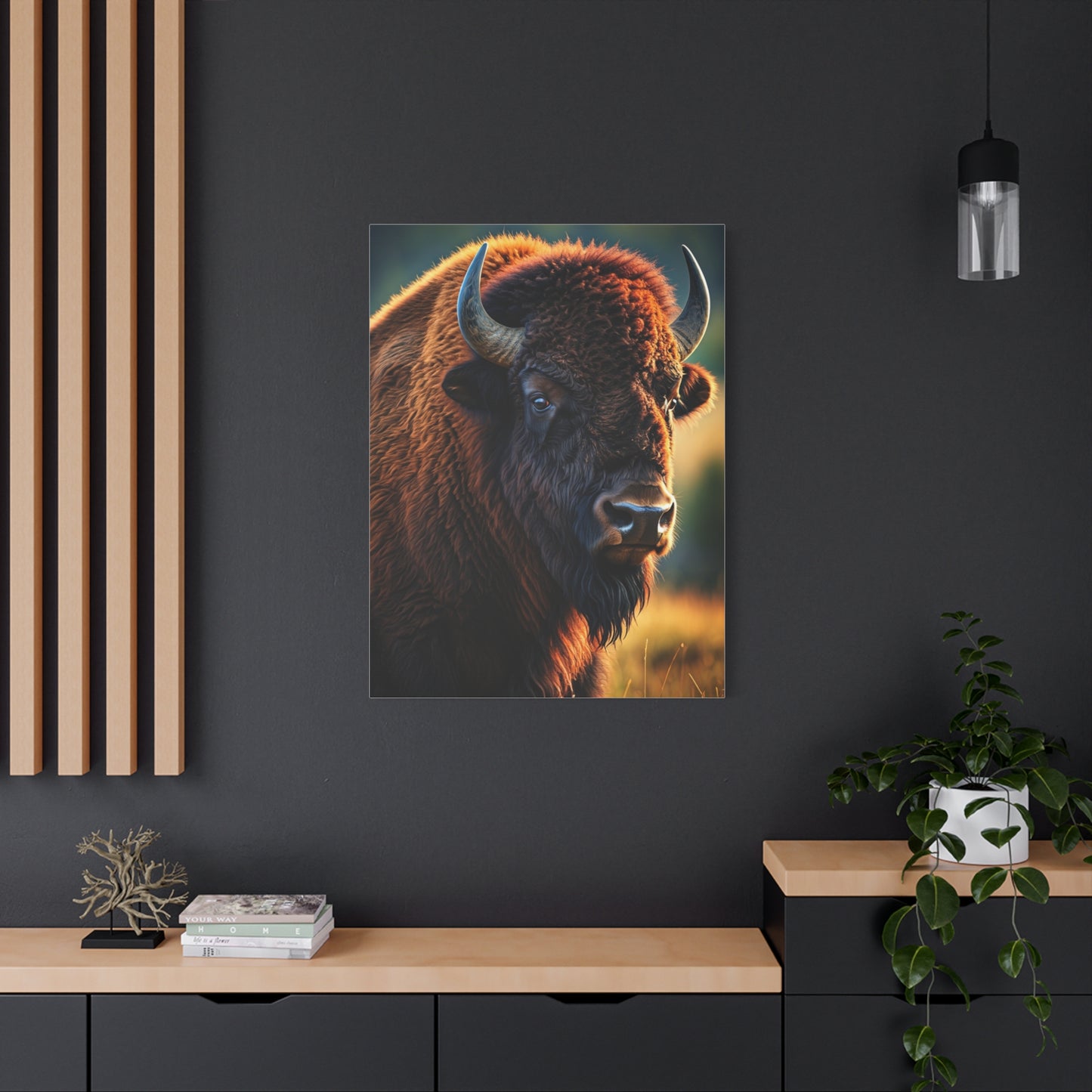 Golden Hour Bison Side Portrait with Warm Prairie Light Wall Art & Canvas Print
