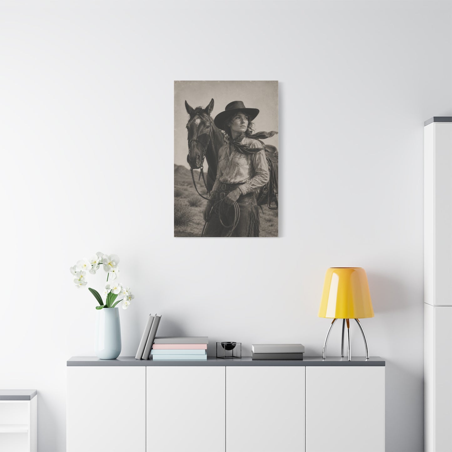 Black & White Cowgirl Portrait with Horse Wall Art & Canvas Print