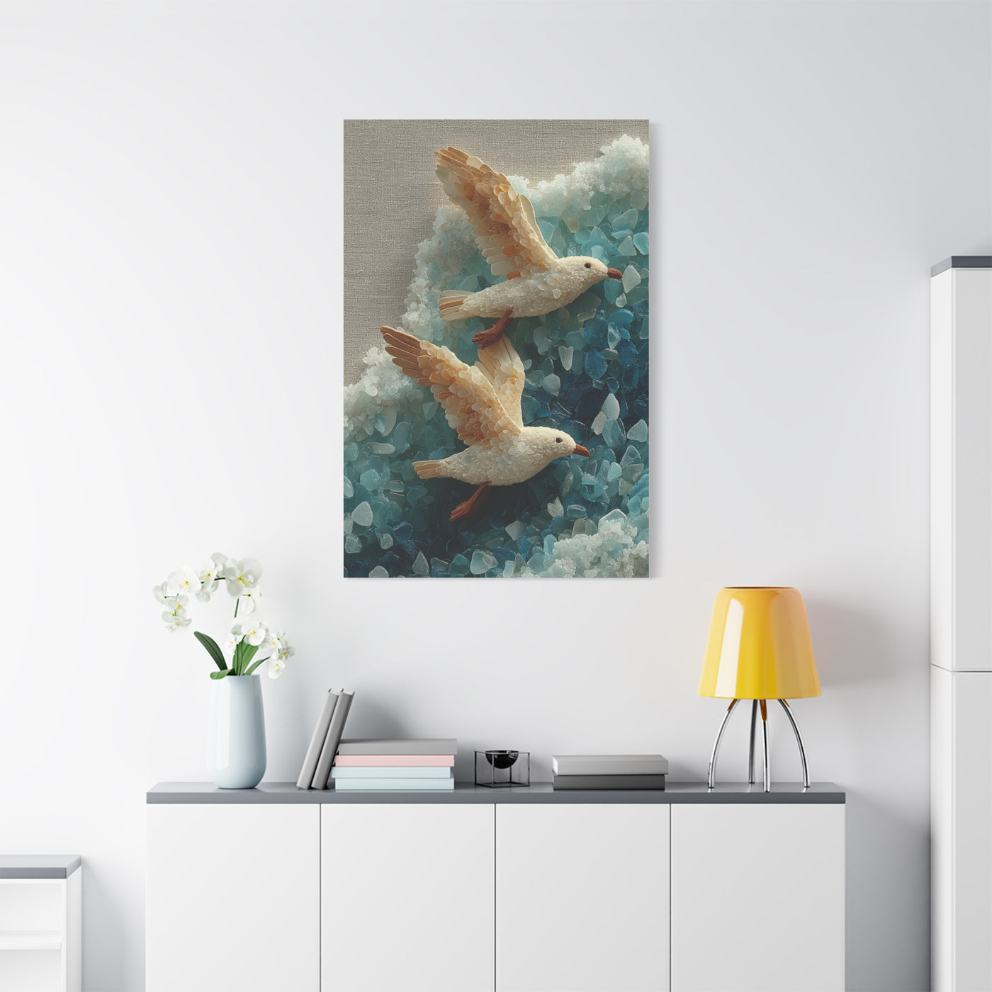 Sea Glass And Driftwood Seagull Coastal Composition Wall Art & Canvas Print