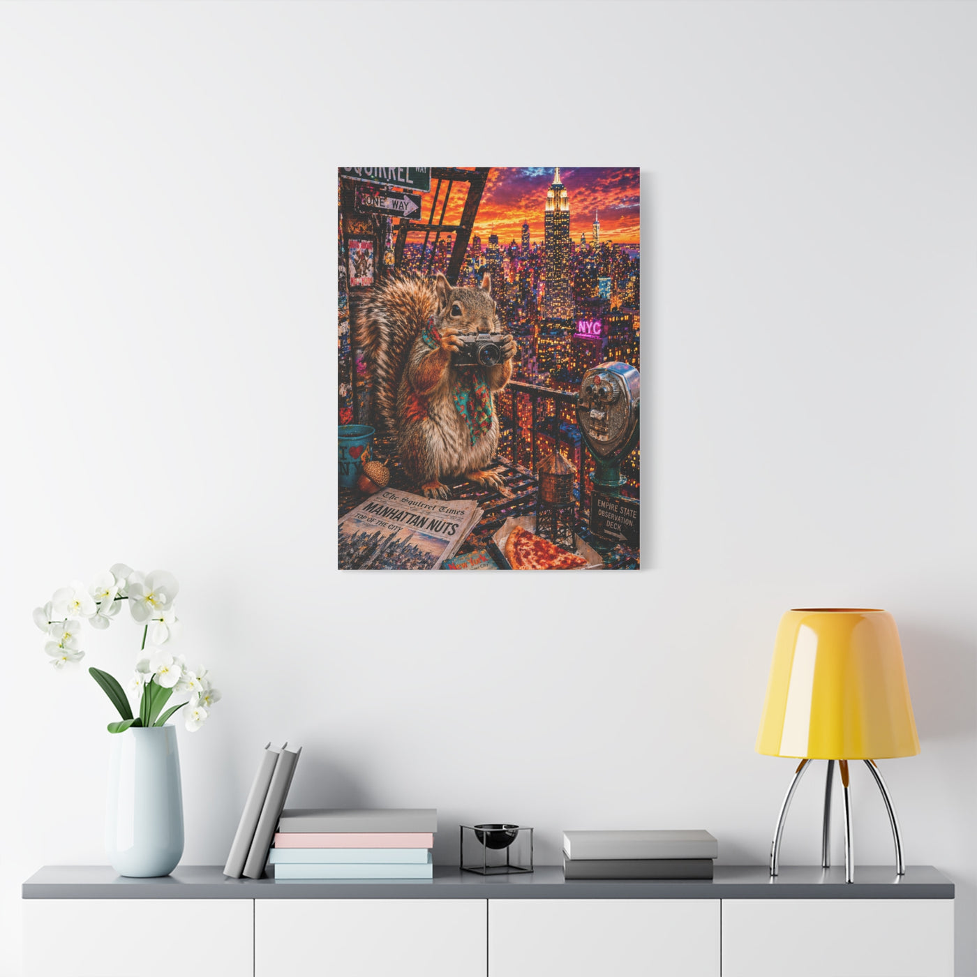Surreal NYC Squirrel Rooftop Scene Wall Art & Canvas Print