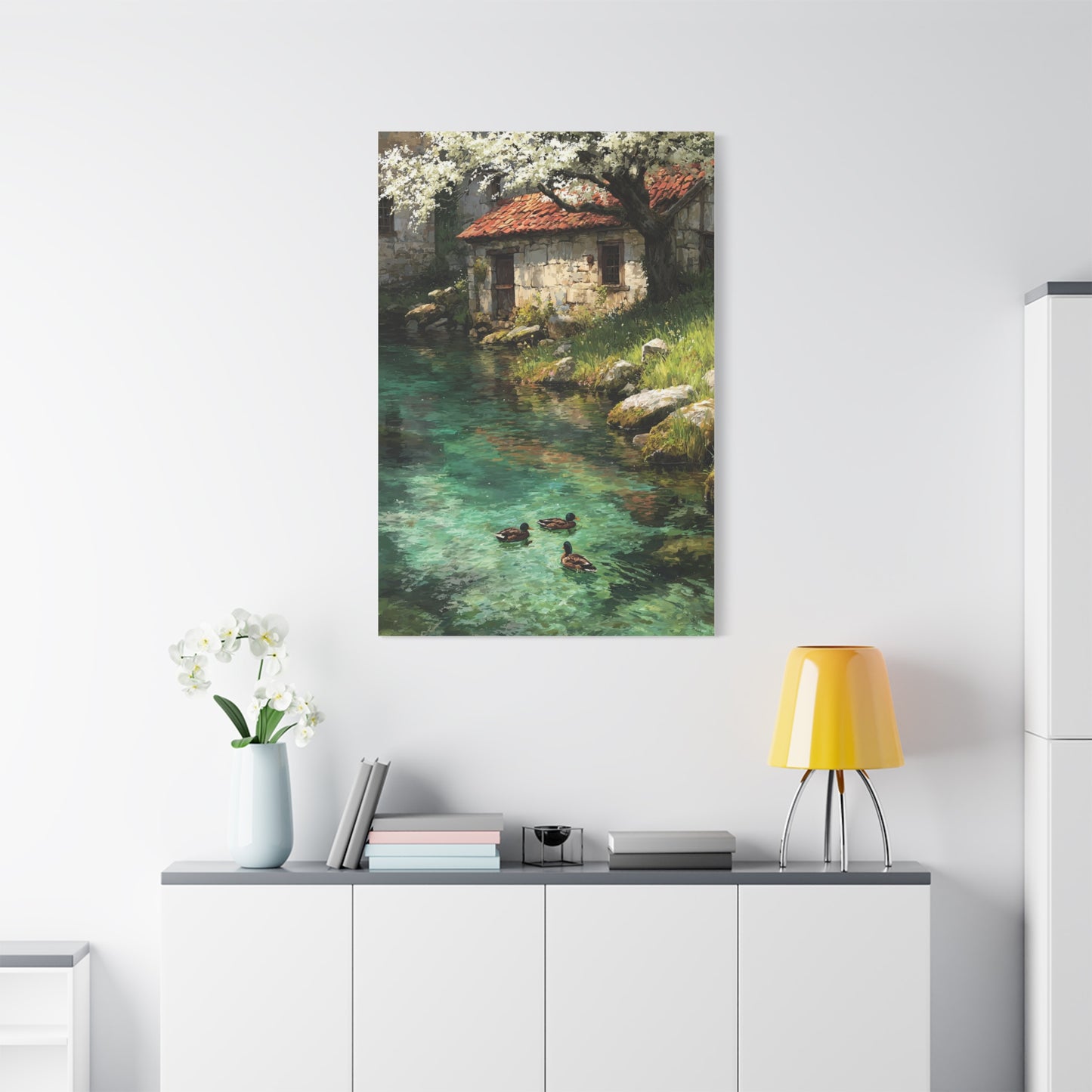 Spring Farmhouse Stream Scene Wall Art & Canvas Print