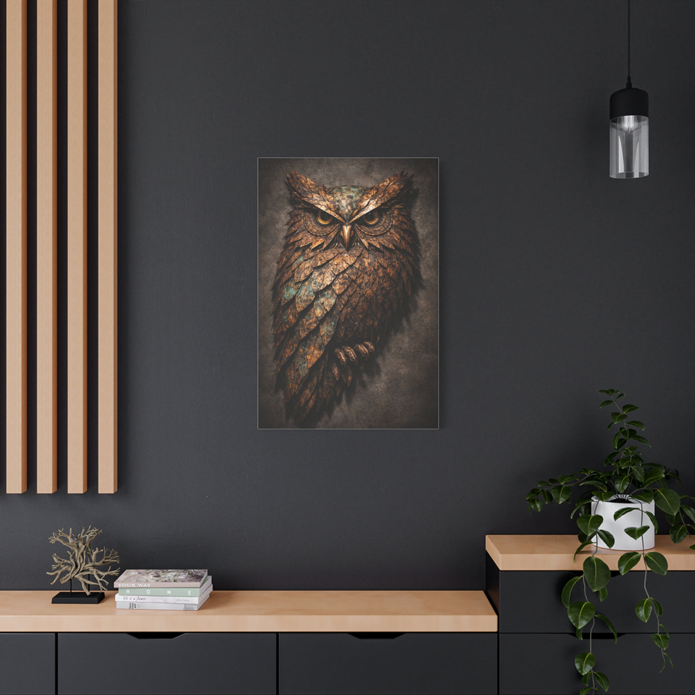 Rustic Metal Feather Owl Sculpture Wall Art & Canvas Print
