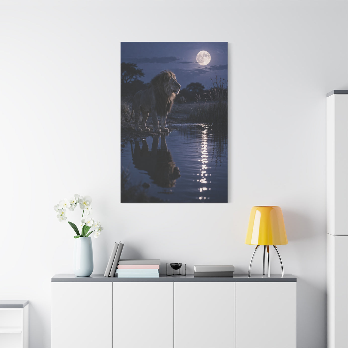 Lion by Moonlit Water Reflection Wall Art & Canvas Print