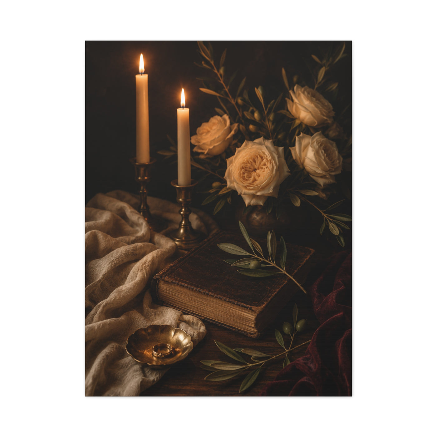 Romantic Candlelit Rose Still Life Wall Art & Canvas Print