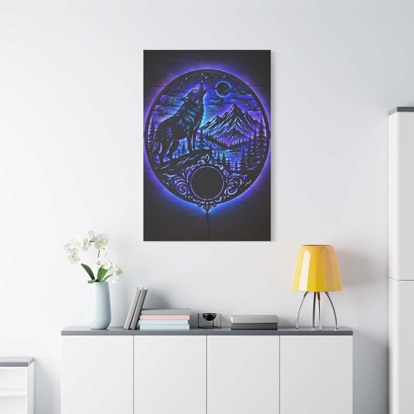 LED Mountain Wolf Night Circle Scene Wall Art & Canvas Print