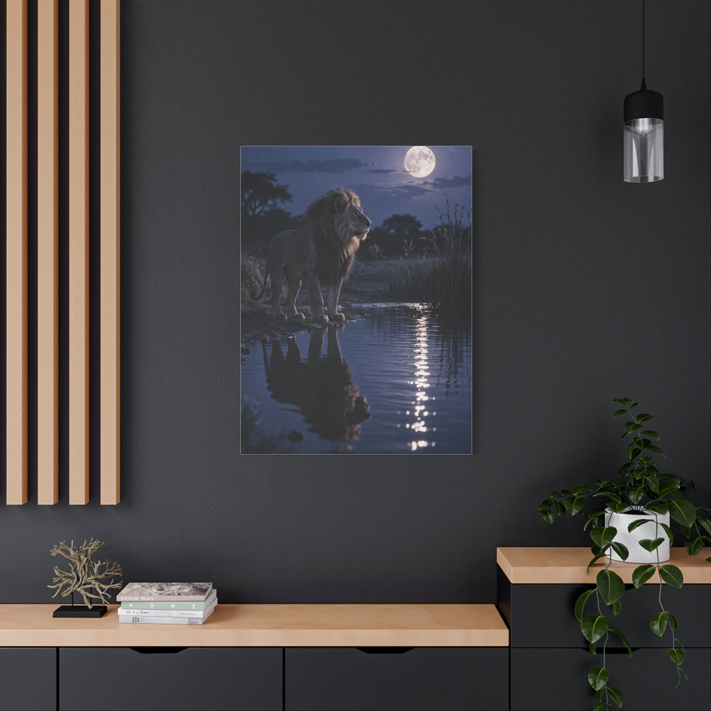 Lion by Moonlit Water Reflection Wall Art & Canvas Print