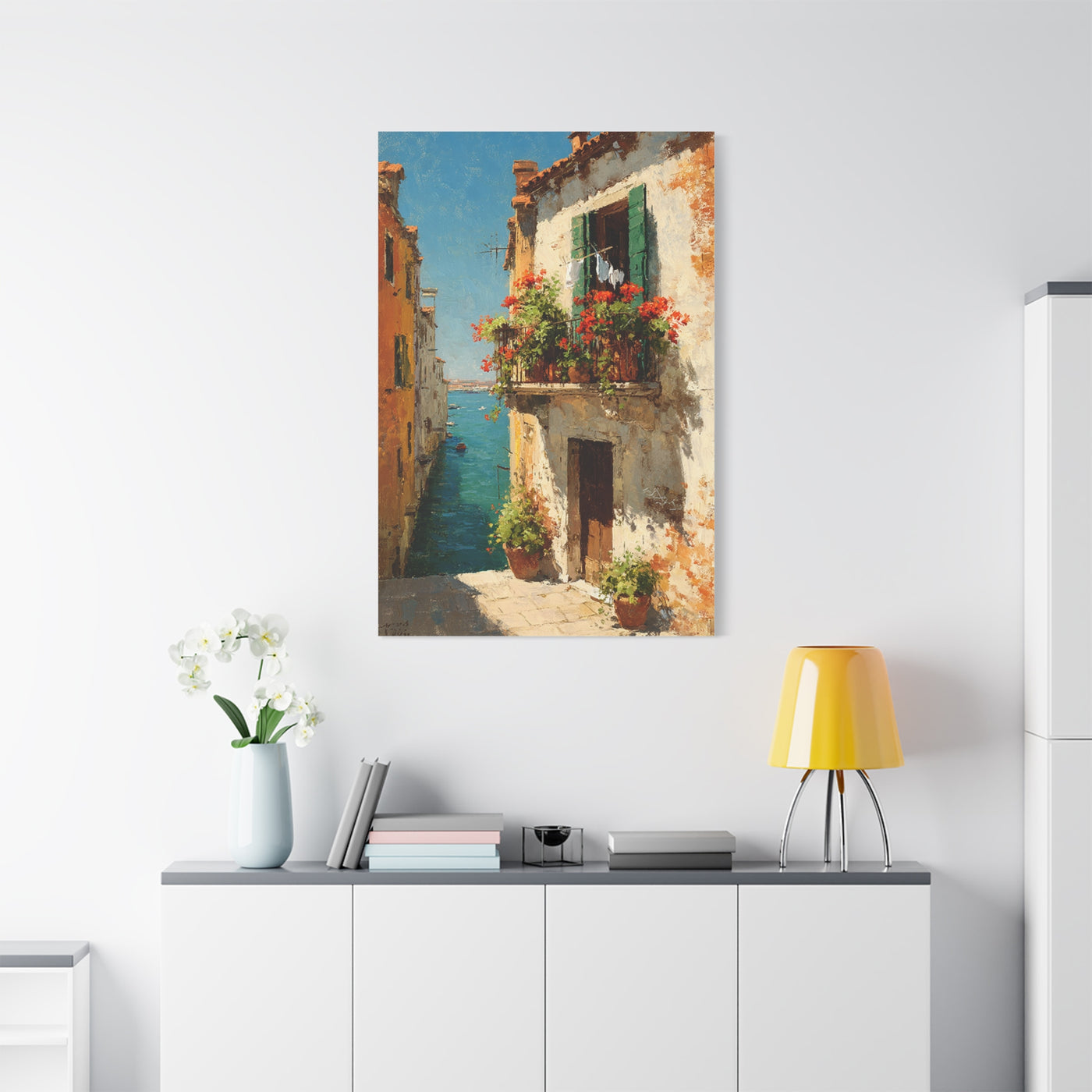 Italian Coastal Balcony Painting Wall Art & Canvas Print